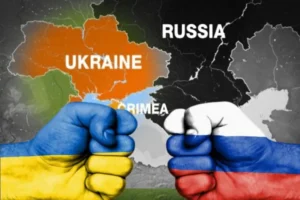 A detailed map highlighting the regions impacted by the Russia-Ukraine war, including Crimea, Donbas, and surrounding areas."