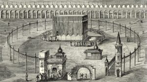 An ancient-style illustration of the Kaaba, surrounded by a serene desert landscape, representing the era of Prophet Ibrahim (AS) and his significant contributions to Islamic teachings.