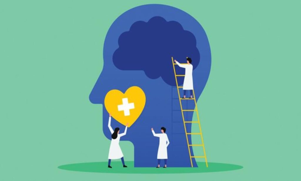 An artistic representation of a human head with a visible brain, two people standing below, and one climbing a ladder to reach the brain, symbolizing the journey of learning and growth."