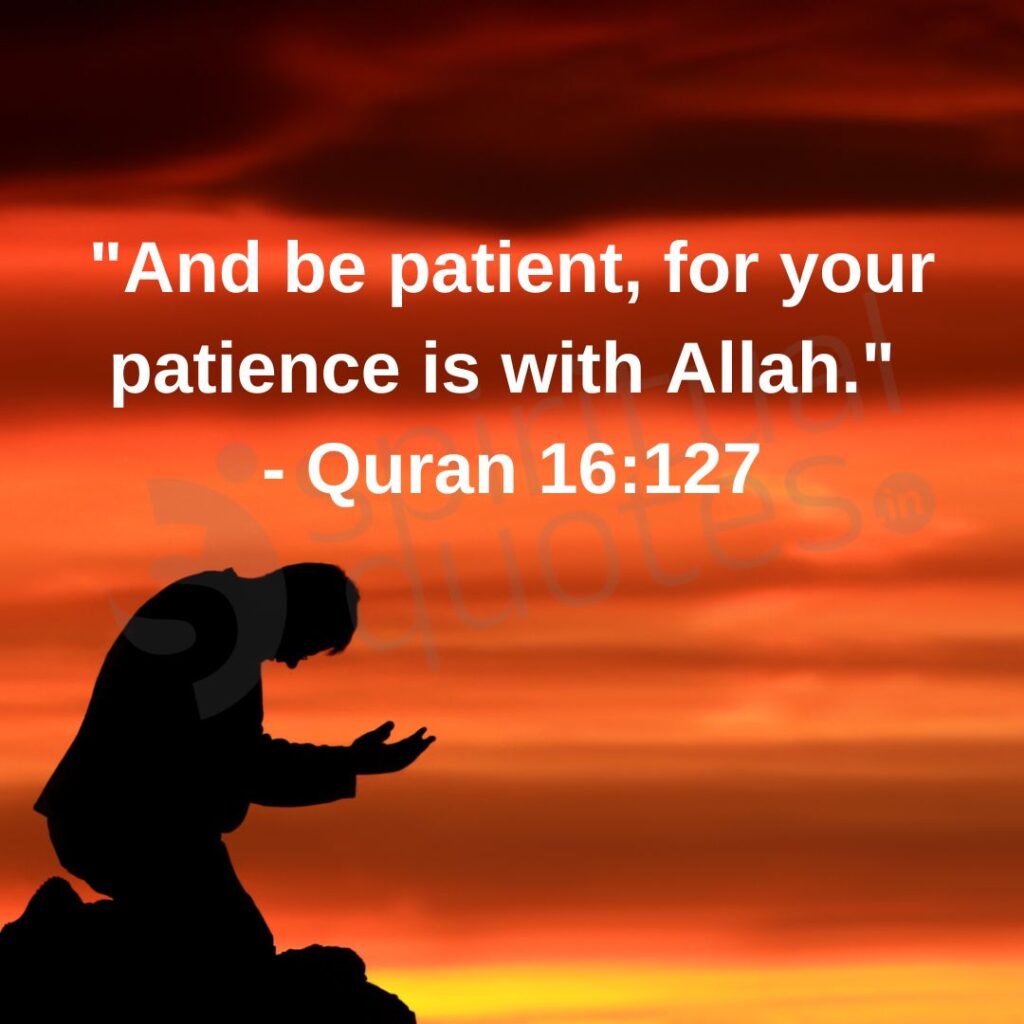 Man praying in sujood, Islamic quote “Patience is a light” — Sahih Muslim