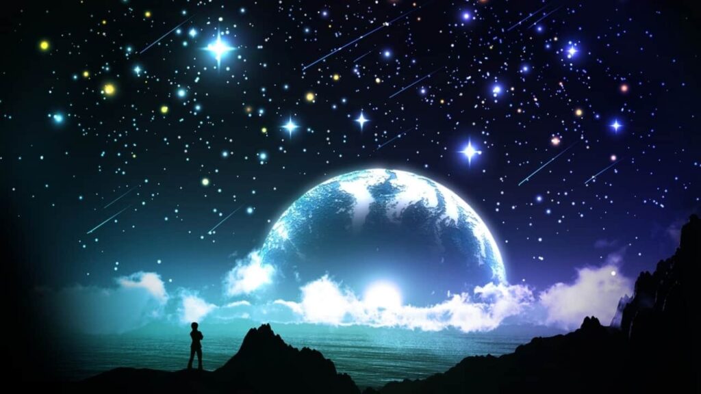 Man peacefully dreaming under the night sky filled with stars symbolizing calmness and imagination.